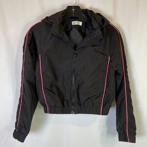 H&M Girls Jacket Size M Windbreaker Lined Removeable Hood Black Pink Trim